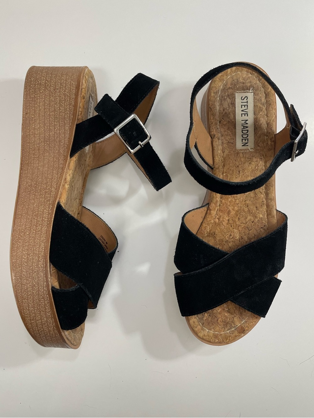 Steve Madden Senona Black Suede Crossover Platform Sandals w/ Cork Footbed sz 9